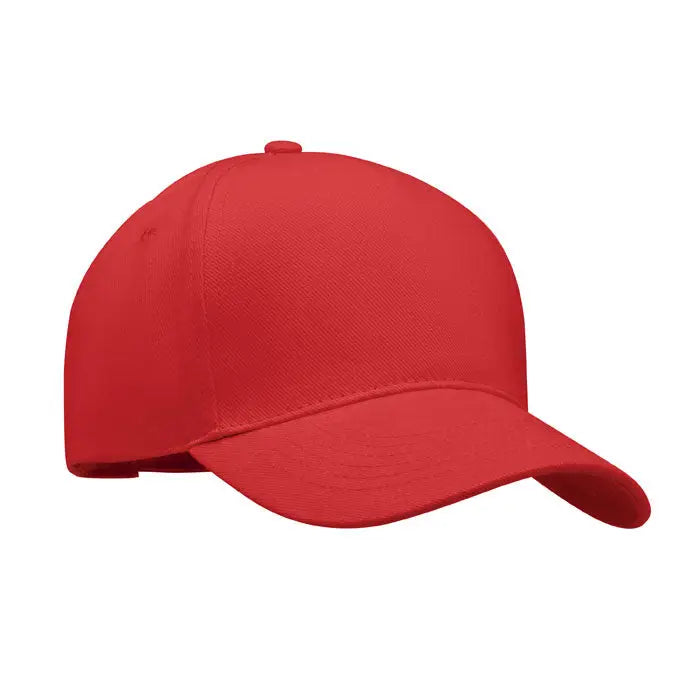 Sapca de baseball rosie cu cinci panouri si cozoroc din material textil asortat
