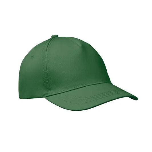 Sapca de baseball cu 5 panouri verde solid, cu coroană structurată și vizieră curbată, ideală pentru sport și casual