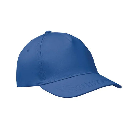 Sapca de baseball cu 5 panouri albastru regal, cu coroană structurată și vizieră curbată din material neted