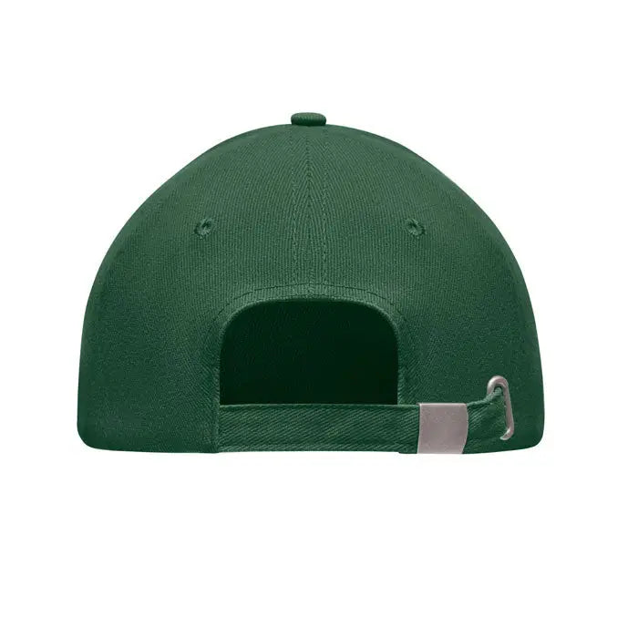 Sapca de baseball cu 5 panouri verde inchis cu bareta din material textil si catarama metalica argintie, vedere din spate