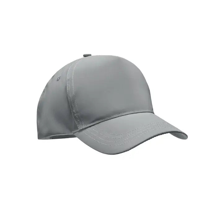Sapca de baseball gri cu 5 panouri reflectorizante din material usor reflectorizant si cusaturi subtile pe cozoroc