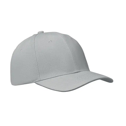 Sapca de baseball cu 6 panouri, gri deschis, coroană structurată și cozoroc curbat, confecționată din țesătură țesută