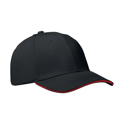 Sapca de baseball cu 6 panouri neagra cu margine rosie pe cozoroc din material textil robust