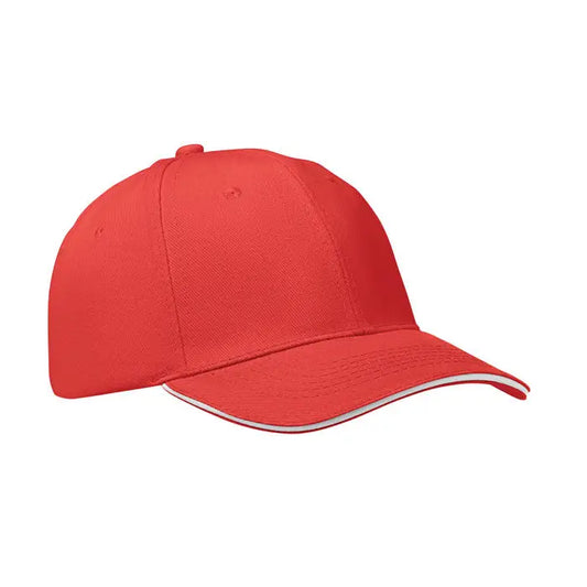 Sapca de baseball cu 6 panouri roșie cu margine albă pe borul din material textil