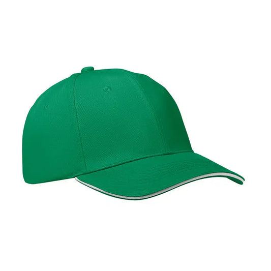Sapca de baseball cu 6 panouri verde cu bordura alba pe cozoroc din material textil