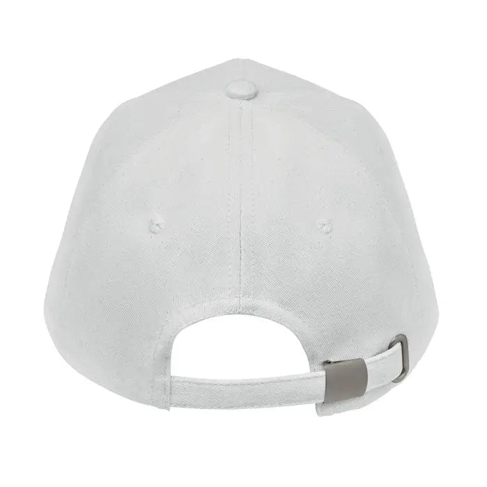 Sapca de baseball alba din bumbac organic cu inchidere din material textil si catarama metalica vazuta din spate
