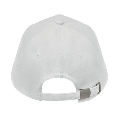 Sapca de baseball alba din bumbac organic cu inchidere din material textil si catarama metalica vazuta din spate
