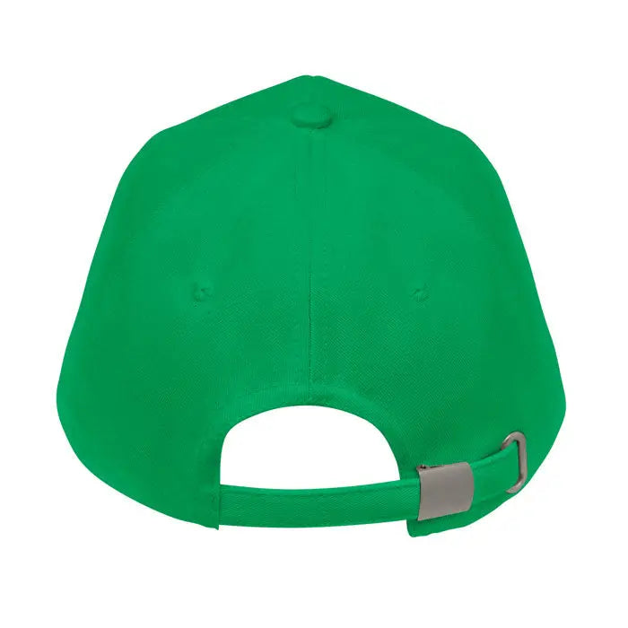 Sapca de baseball din bumbac organic verde aprins cu catarama metalica argintie si curea ajustabila vazuta din spate
