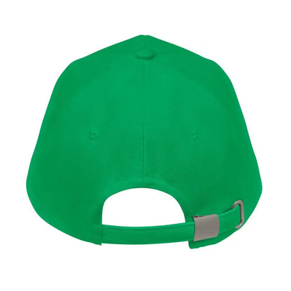 Sapca de baseball din bumbac organic verde aprins cu catarama metalica argintie si curea ajustabila vazuta din spate