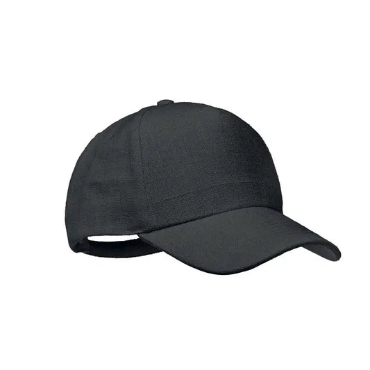 Sapca de baseball din canepa neagra cu design structurat in sase panouri si cusaturi cusute pentru rezistenta