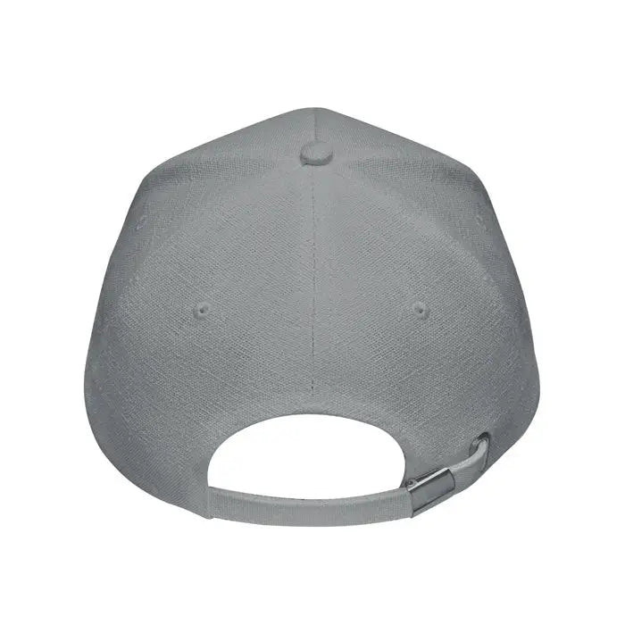 Sapca de baseball din canepa gri cu sase panouri si curea de material cu catarama metalica vazuta din spate