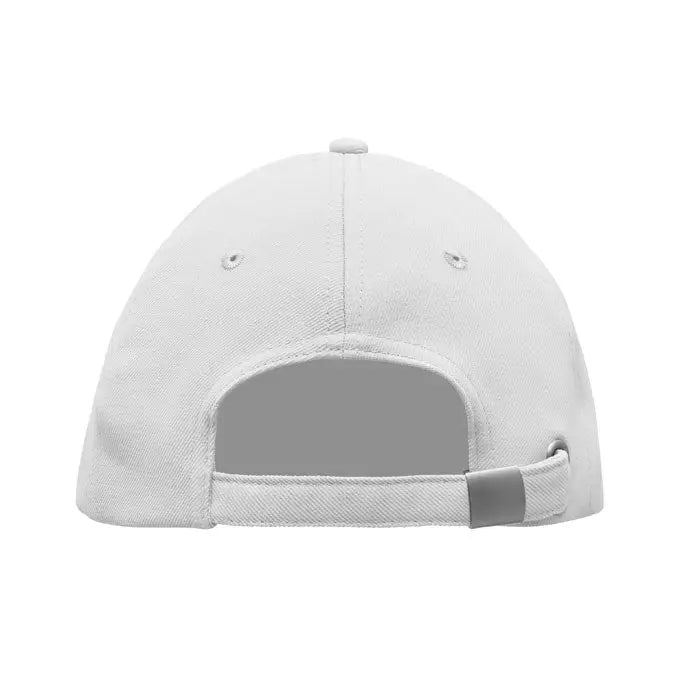 Sapca de baseball rpet alba cu 5 panouri si inchidere reglabila cu catarama din material textil, vedere din spate
