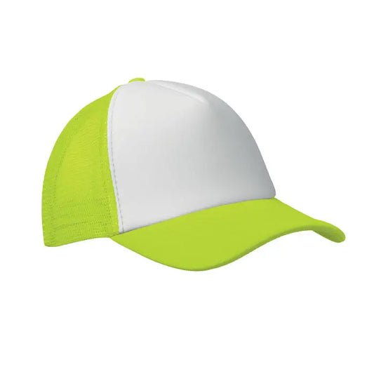 Sapca de camioneti verde neon si alba cu fata solida si partea din spate din plasa pentru ventilatie