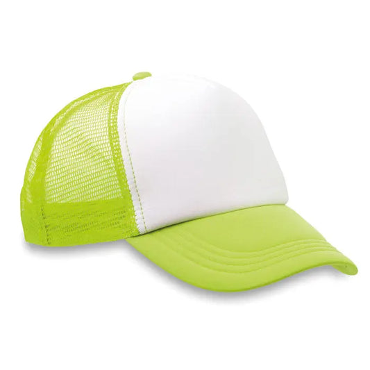 Sapca de camioneti verde lime si alba, cu panou frontal solid, plasa pe spate si bor curbat