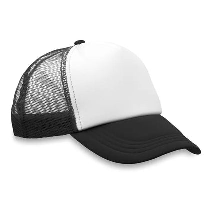 Șapcă de camioneti alb-negru cu panou spate din plasă tip trucker vizibil din spate