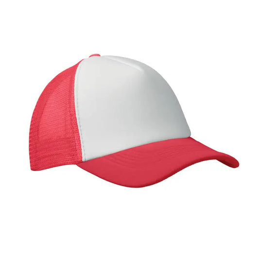 Sapca de camioneti rosie si alba cu panou plasa in spate si design tip trucker