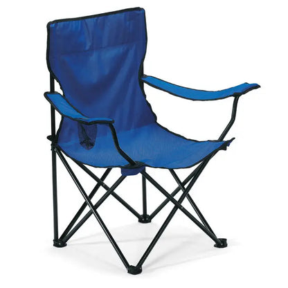 Scaun de exterior albastru din material textil cu cadru metalic negru si cotiere pentru camping