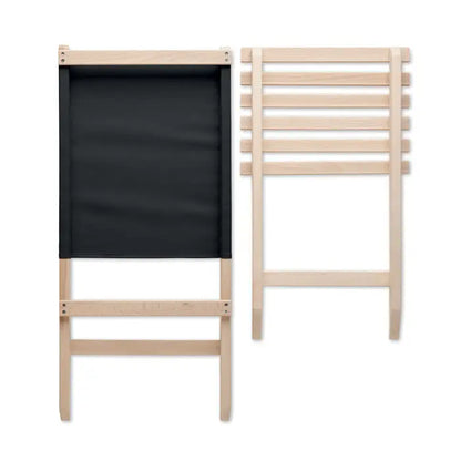 Scaun de plaja pliabil din lemn deschis cu sezut si spatar din material textil negru