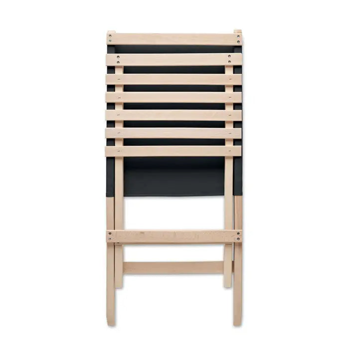 Scaun de plaja pliabil din lemn cu sipci usoare si panouri din material negru minimalist