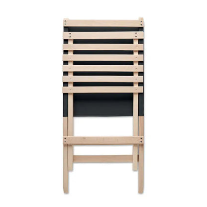 Scaun de plaja pliabil din lemn cu sipci usoare si panouri din material negru minimalist