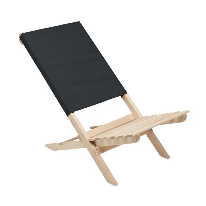 Scaun de plaja pliabil din lemn bej cu spatar din material textil negru, vedere din spate