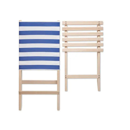 Scaun de plaja pliabil din lemn cu textil bleu si alb in dungi si cadru din lemn deschis la culoare