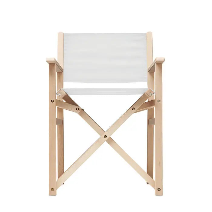 Scaun de plaja pliabil din lemn cu cadru deschis si sezut din panza alba minimalist