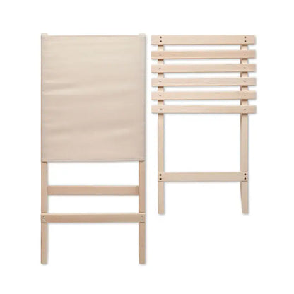 Scaun de plaja pliabil din lemn cu spatar bej din panza si design cu lamele din lemn natural