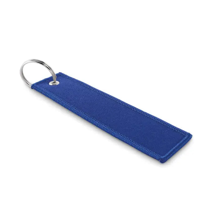 Inel de chei dreptunghiular bleu din material textil cu inel metalic argintiu pentru scoateti inelul de chei inainte de zbor