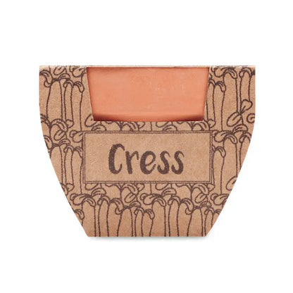 Un săpun dreptunghiular de culoare piersicie într-un ambalaj kraft cu model botanic și brandul cress