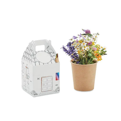 Cutie din carton alb in forma de casă cu desene negre conturate și mâner pentru semințe în forma de casă se cultiva