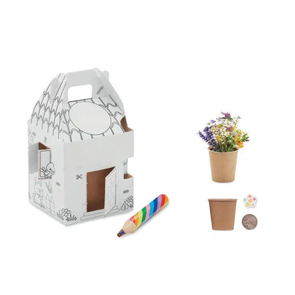 Set creativ de colorat cu casuta din carton alb si marker cu dungi curcubeu semintele in forma de casa se cultiva