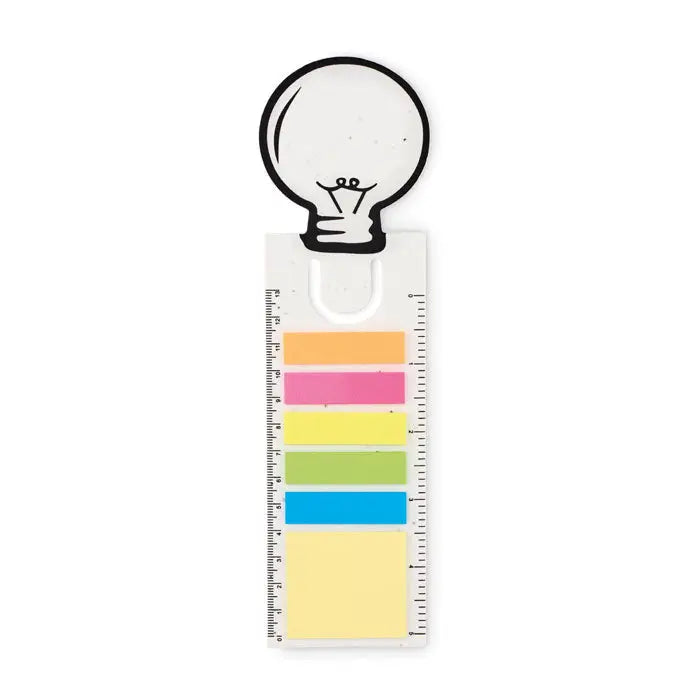 Semn de carte din hartie seminte cu bloc de note alb in forma de bec si 5 notite colorate atasate vertical pe rigla