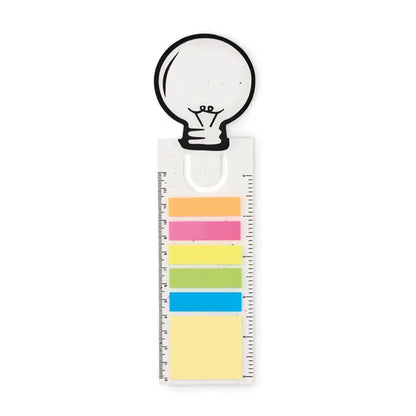 Semn de carte din hartie seminte cu bloc de note alb in forma de bec si 5 notite colorate atasate vertical pe rigla