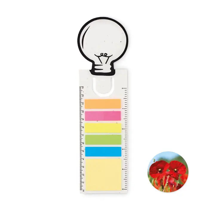Semn de carte din hartie cu forma de bec alb, clips si cinci notite colorate dispuse pe un rigla verticala