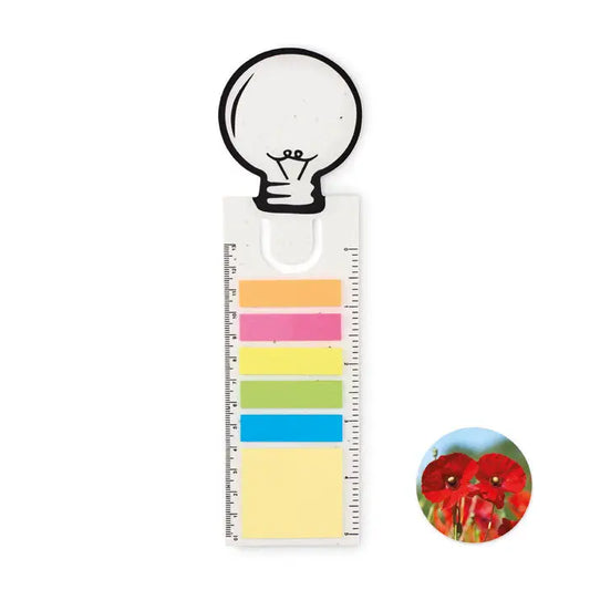 Semn de carte din hartie cu forma de bec alb, clips si cinci notite colorate dispuse pe un rigla verticala
