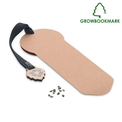 Semn de carte de pin din carton maro cu snur negru și charm din boboc de lemn de la growbookmark