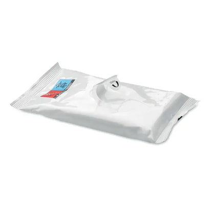 Un pachet alb lucios de servetele umede din plastic cu deschidere perforata si branding colorat pe lateral