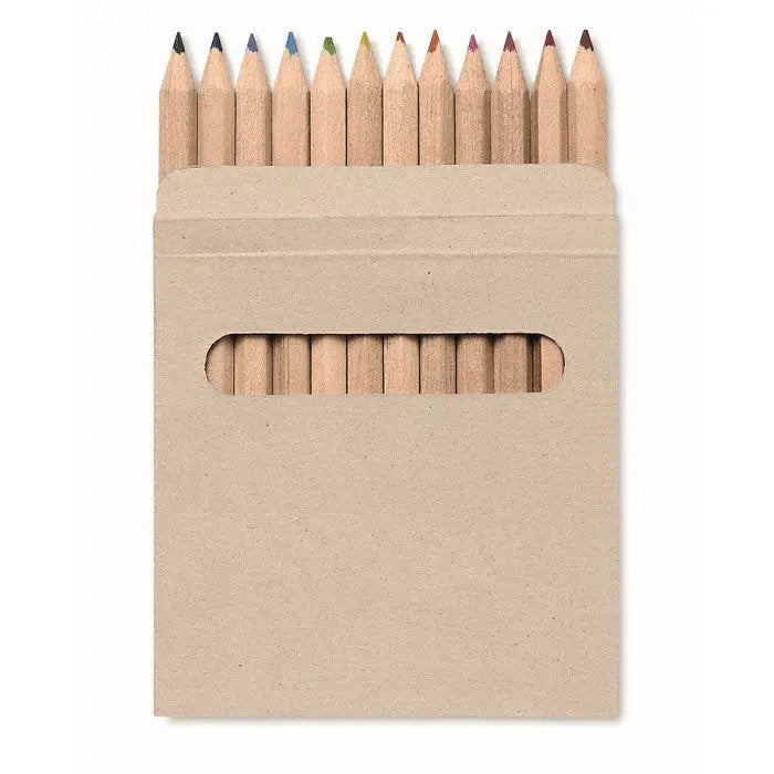 Set 12 creioane colorate din lemn cu varfuri ascutite in diferite culori, aranjate intr-o cutie bej de carton