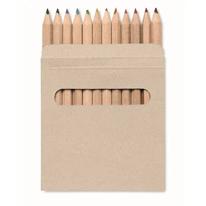 Set 12 creioane colorate din lemn cu varfuri ascutite in diferite culori, aranjate intr-o cutie bej de carton