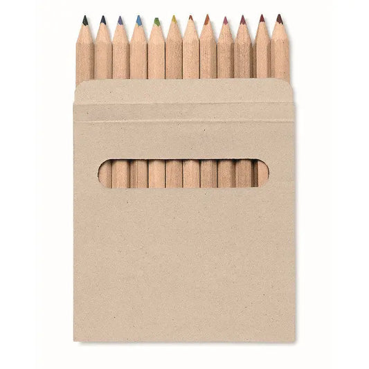 Set 12 creioane colorate din lemn cu varfuri ascutite in diferite culori, aranjate intr-o cutie bej de carton