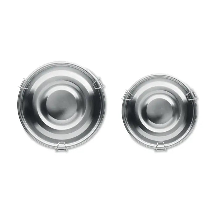 Set 2 cutii din otel inoxidabil pentru hrană de animale cu design circular reflectorizant și balamale metalice mici