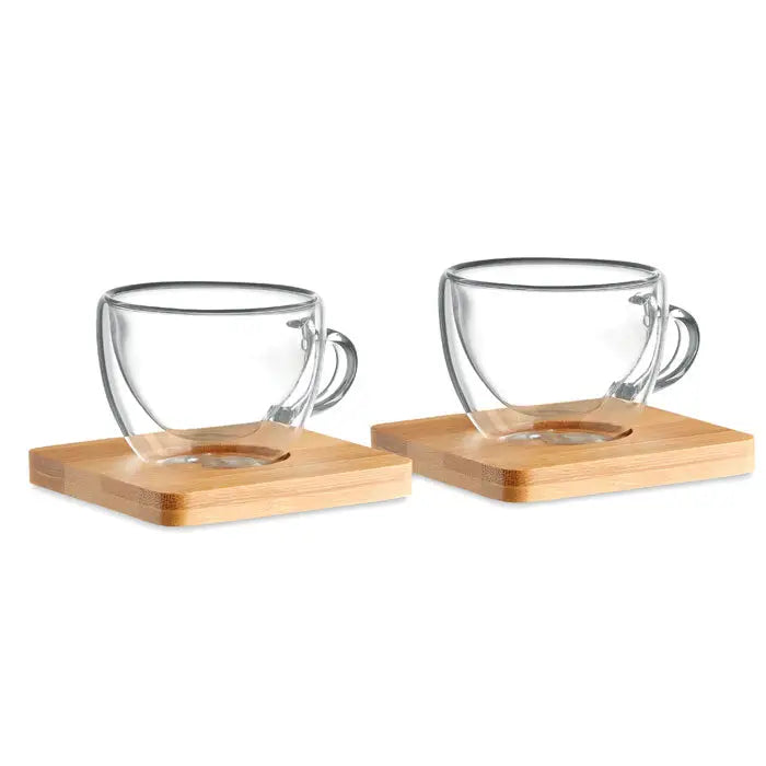 Set 2 espresso cu perete dublu cuib clare, margini metalice elegante, pe suporturi patrulate din bambus