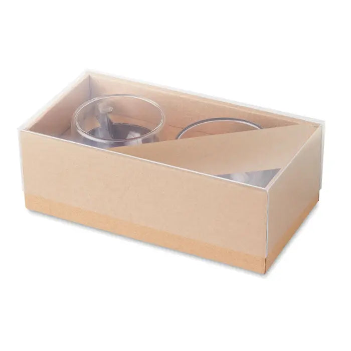 Set 2 espresso cu perete dublu cu suporturi de lumanari din sticla clara ambalate intr-o cutie bej cu capac transparent