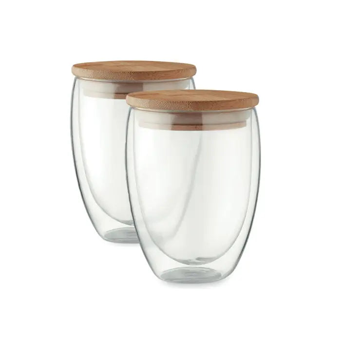 Set 2 pahare 350 ml din sticla dubla cu capac din lemn natural transparent in cutie