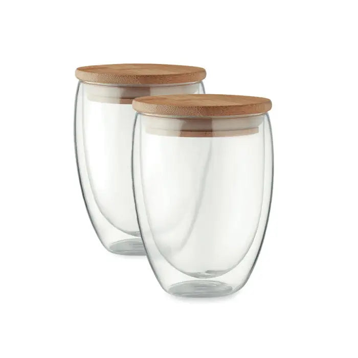 Set 2 pahare din sticla dubla transparenta cu capac din bambus de 350 ml in cutie