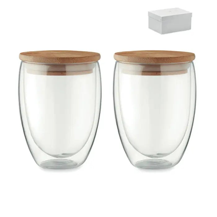 Set 2 pahare 350 ml din sticla clara cu pereti dubli si capace din bambus natural in cutie