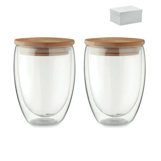 Set 2 pahare 350 ml din sticla clara cu pereti dubli si capace din bambus natural in cutie