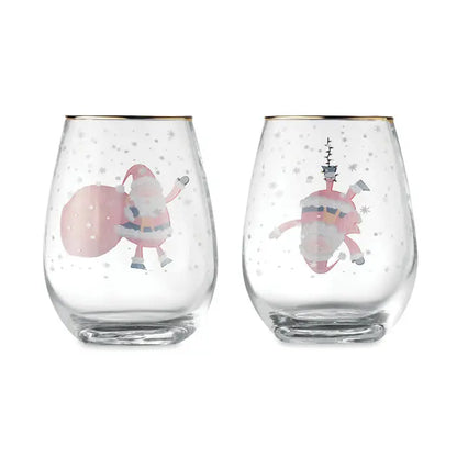 Set 2 pahare de craciun cu vin fără picior din sticlă transparentă cu margini aurii și ilustrații festive cu moș crăciun roz pe fundal de zăpadă
