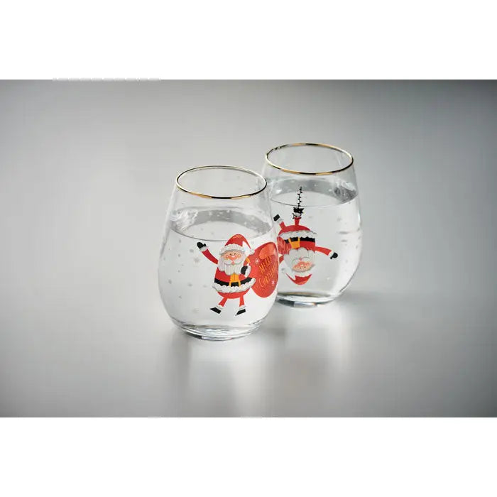 Set 2 pahare de craciun cu pahar de vin fara picior, decorati cu ilustratii festive cu mos craciun si margini aurii